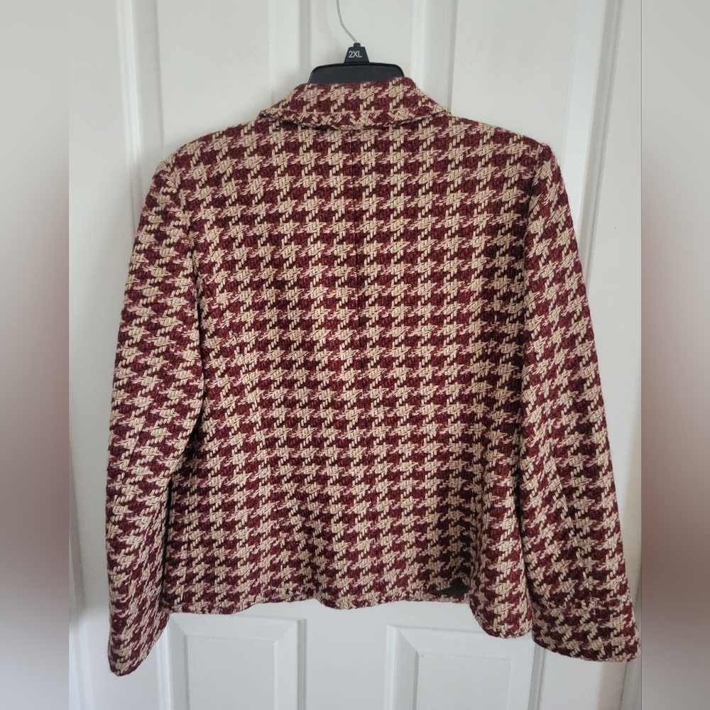 Peck & Peck Petite 14P Wool Blend Houndstooth Blazer Jacket Burgundy Cream Lined - Picture 2 of 3